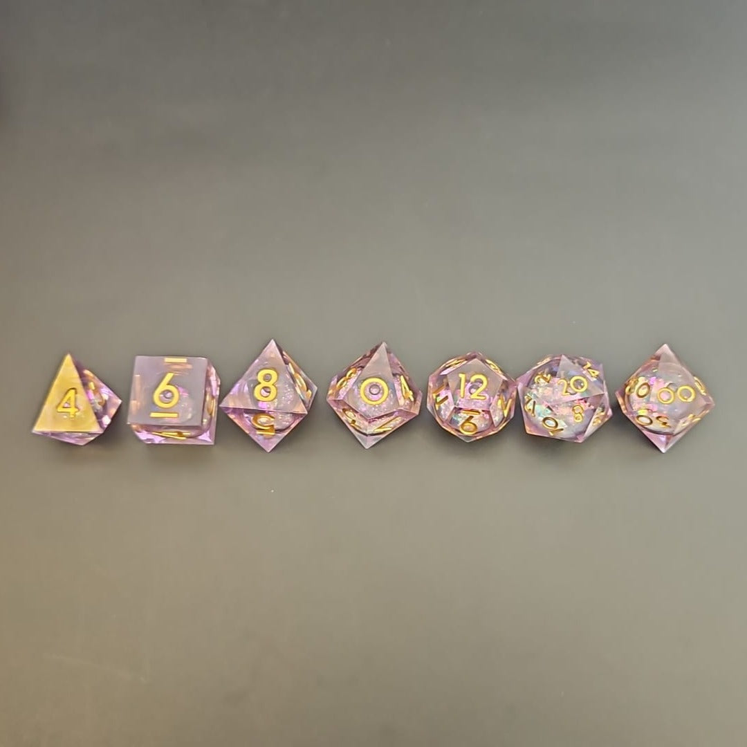 Pink Glitter 7 Piece Liquid Core Dice Set with Gold Numbering, in Metal Box