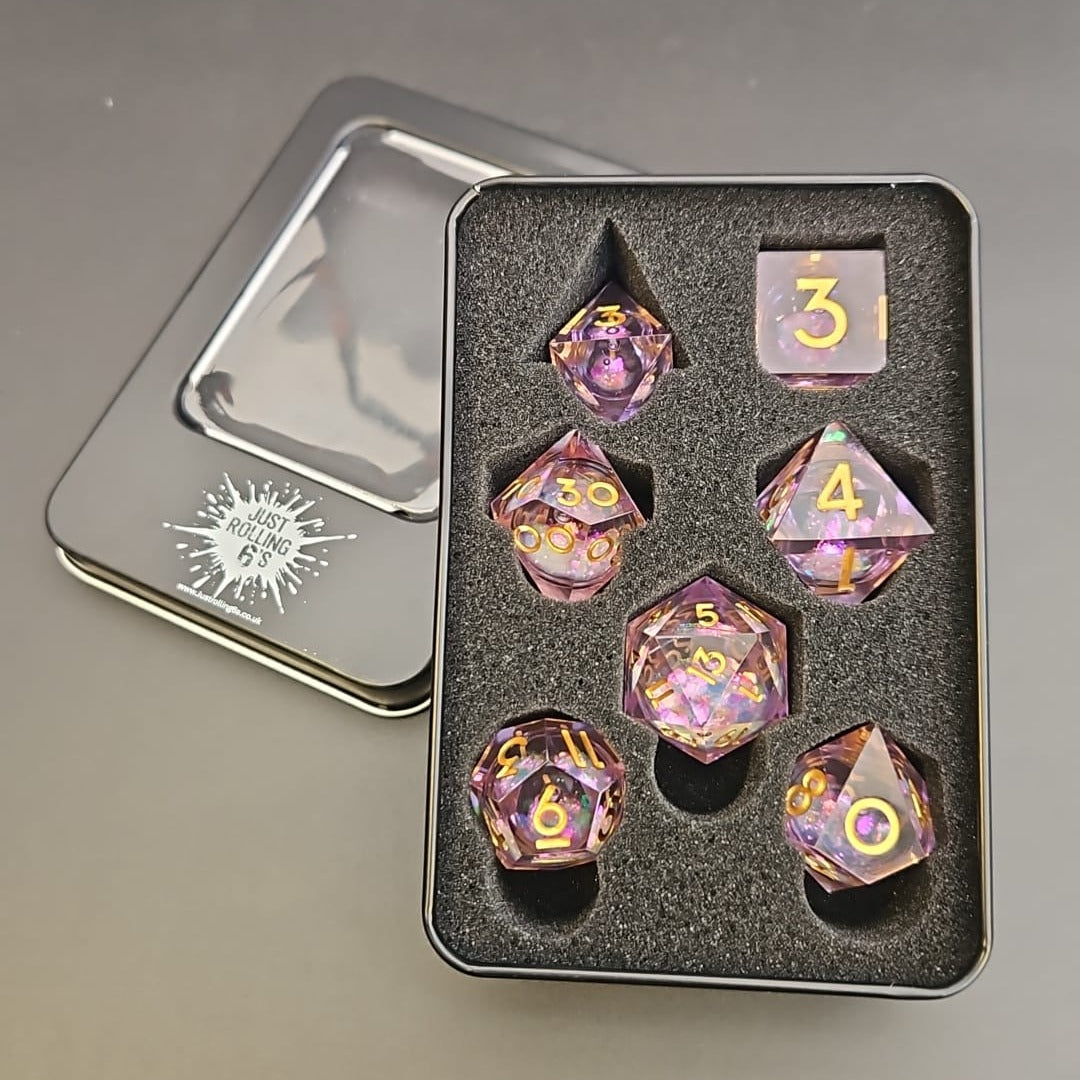 Pink Glitter 7 Piece Liquid Core Dice Set with Gold Numbering, in Metal Box