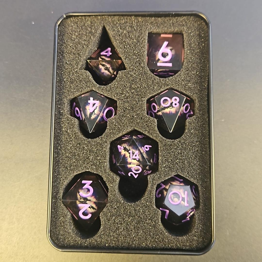 Black Dragon Eye Liquid Core 7 Piece Dice Set with Purple Numbering in Tin