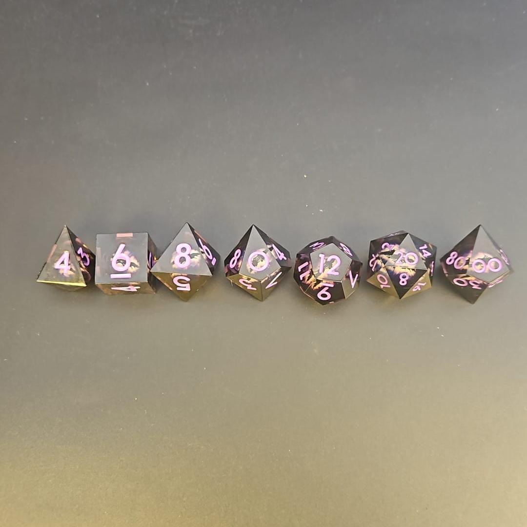 Black Dragon Eye Liquid Core 7 Piece Dice Set with Purple Numbering in Tin
