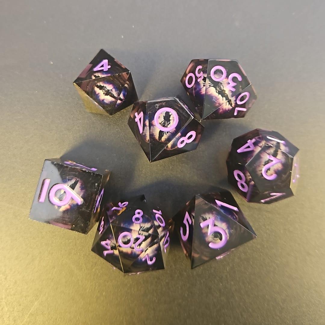 Black Dragon Eye Liquid Core 7 Piece Dice Set with Purple Numbering in Tin