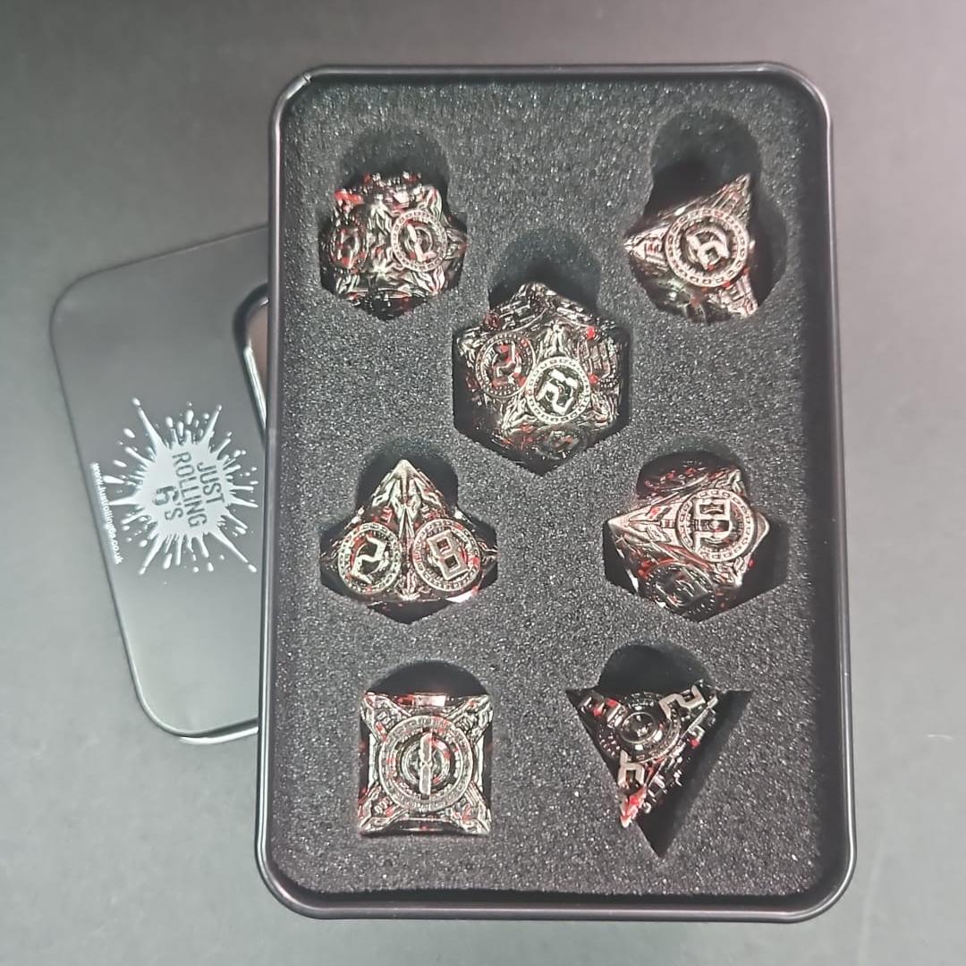 Blood Splatter Metal 7 piece D&D Dice Set