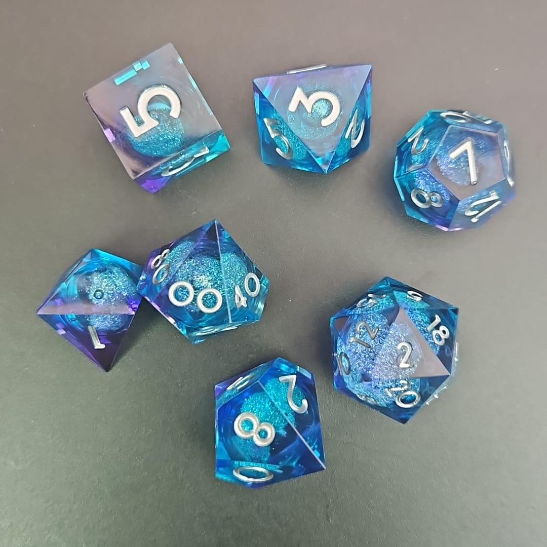 Light and Dark Blue Liquid Core Dice Set with Silver Numbering in Metal Box