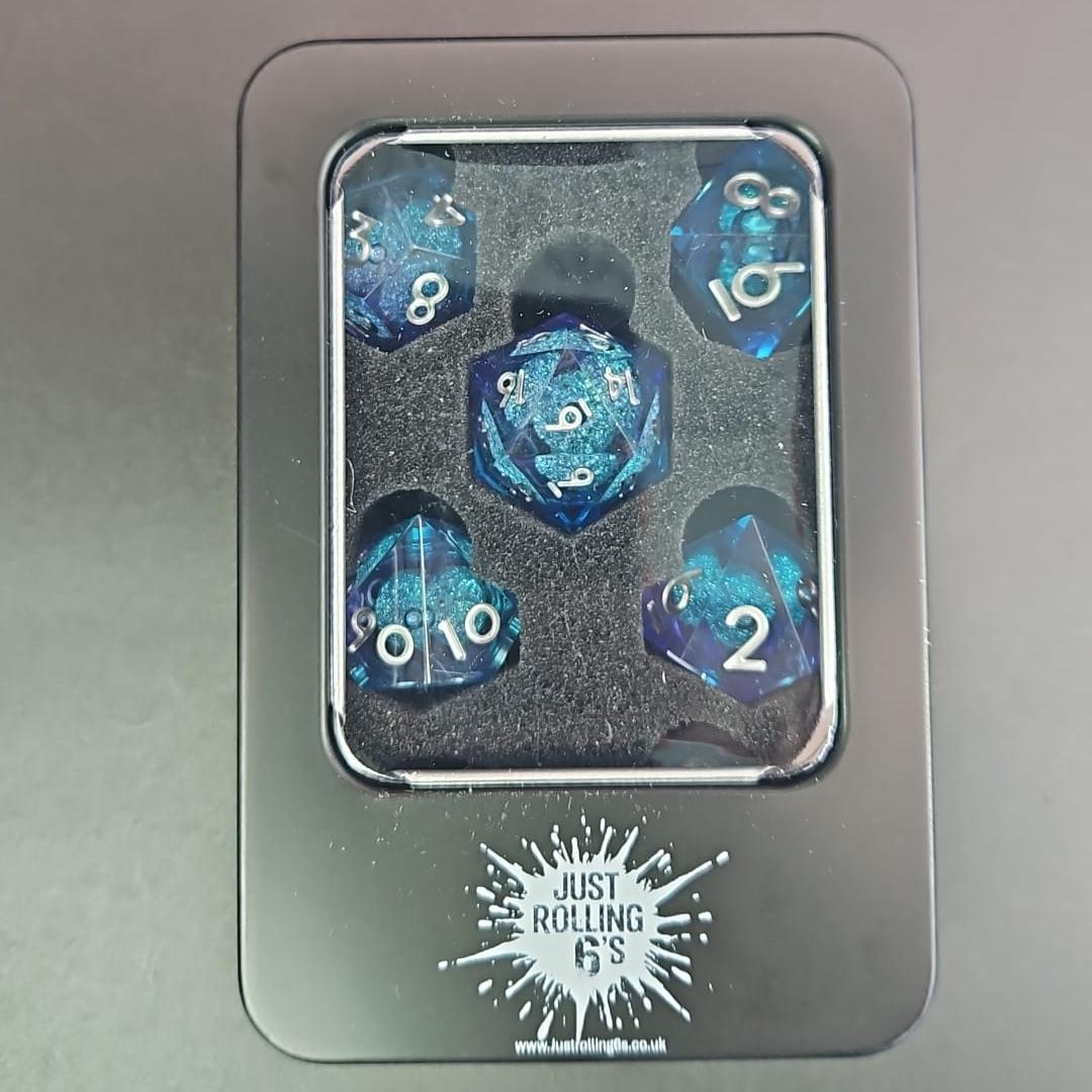 Light and Dark Blue Liquid Core Dice Set with Silver Numbering in Metal Box