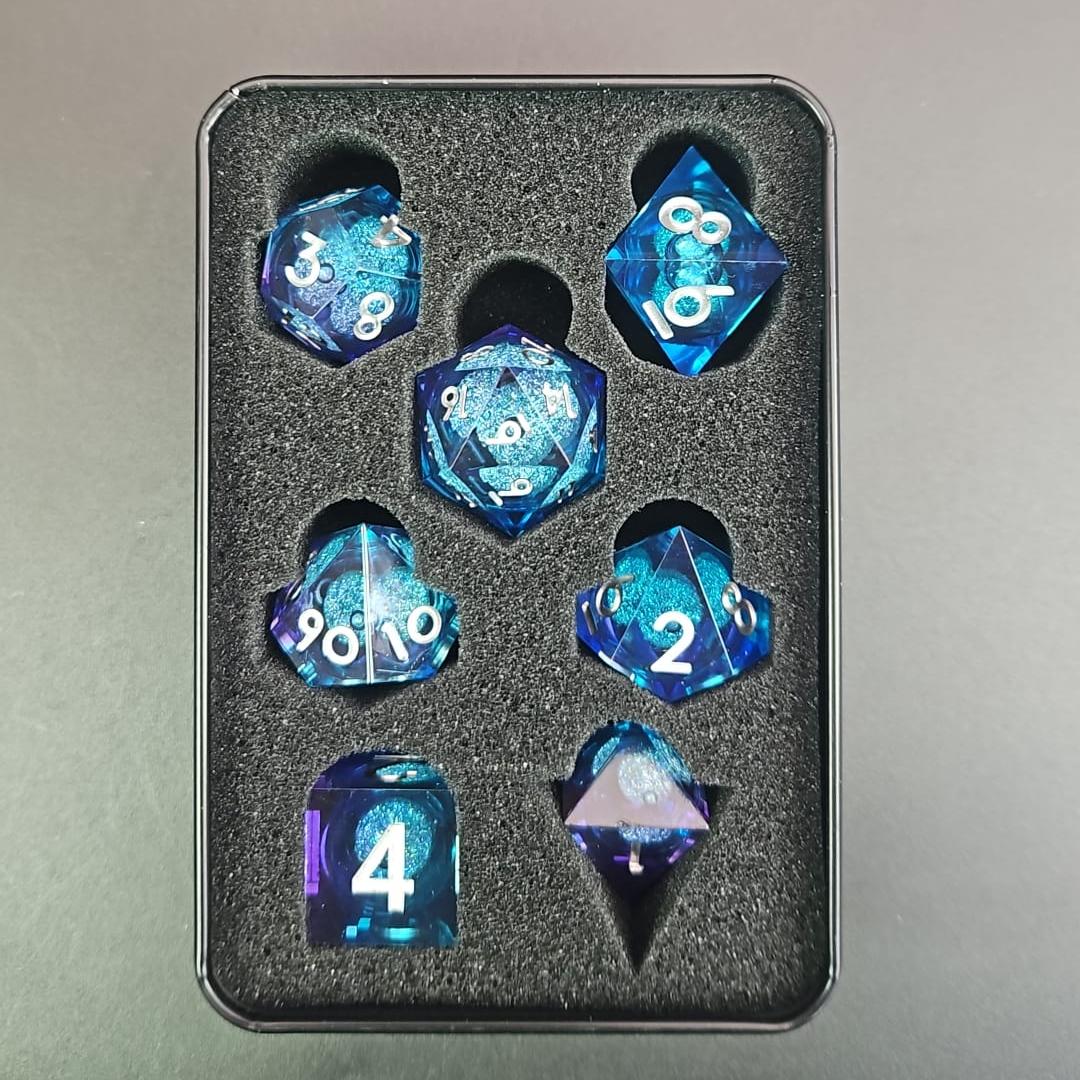 Light and Dark Blue Liquid Core Dice Set with Silver Numbering in Metal Box