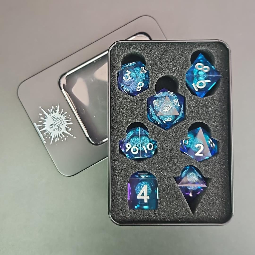 Light and Dark Blue Liquid Core Dice Set with Silver Numbering in Metal Box