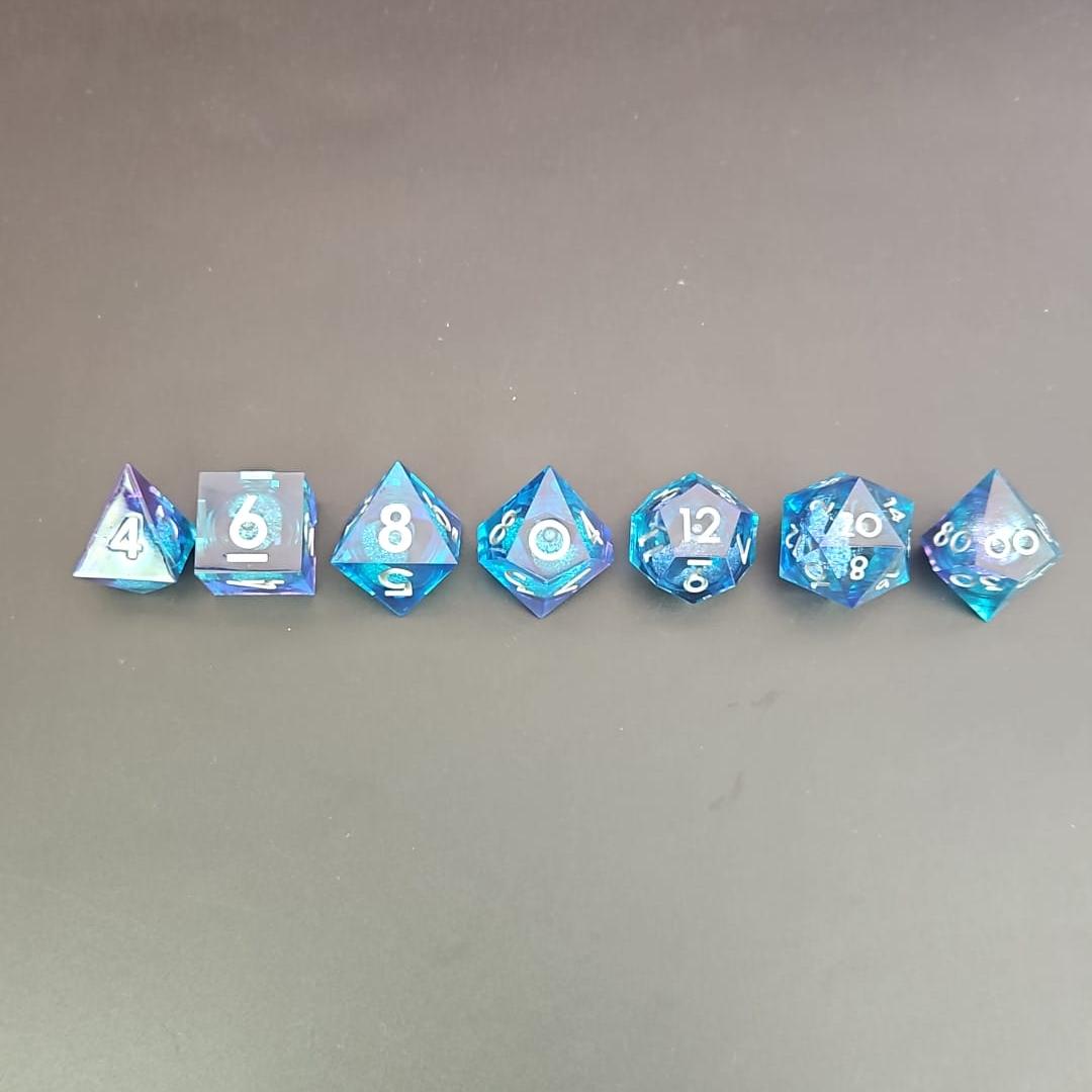 Light and Dark Blue Liquid Core Dice Set with Silver Numbering in Metal Box
