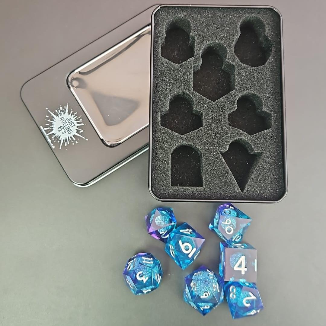 Light and Dark Blue Liquid Core Dice Set with Silver Numbering in Metal Box