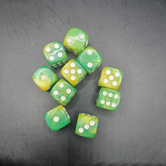 10 Pack of 16mm Two Colour Acrylic D6 Green & Light Green