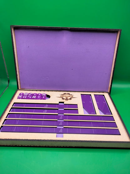 Purple Scoffcorp Dice Tray and Gauges (Measuring Stick) set