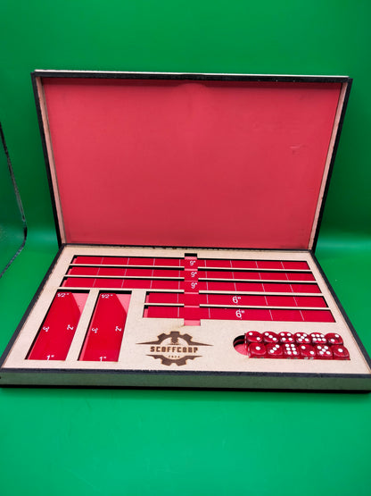 Red Scoffcorp Dice Tray and Gauges (Measuring Stick) set