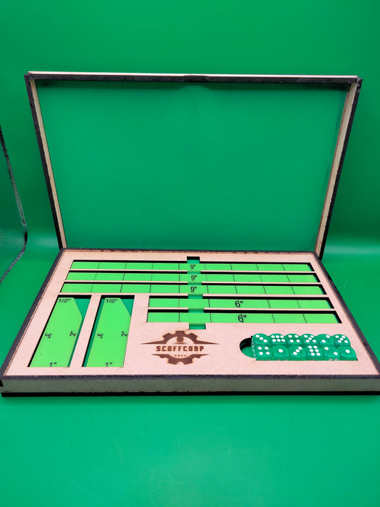 Green Scoffcorp Dice Tray and Gauges (Measuring Stick) set