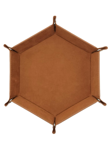 Tan Hexagonal Folding Dice Tray with Black PU Leather backing