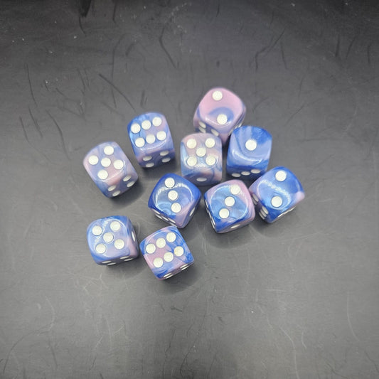 10 Pack of 16mm Two Colour Acrylic D6 Pink & Blue