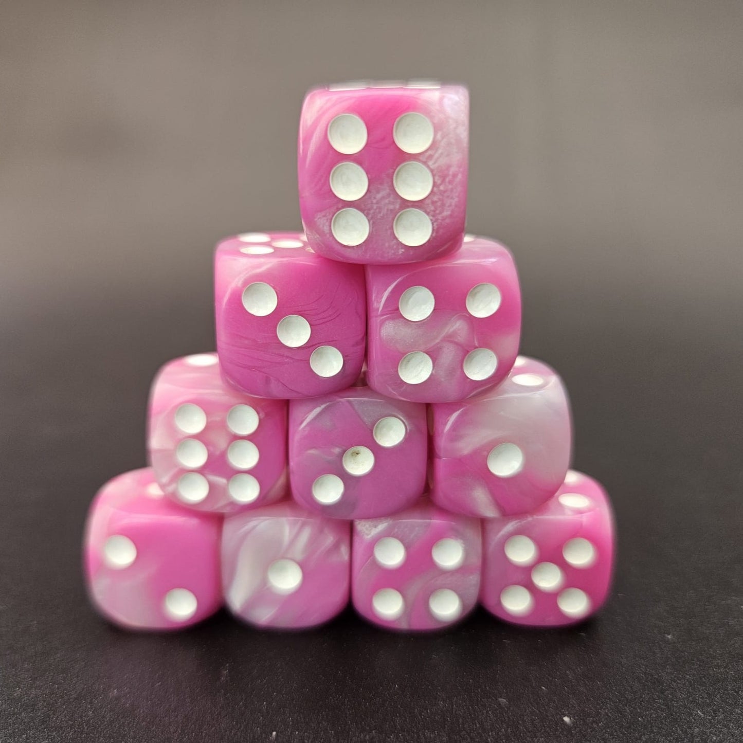 10 Pack of 16mm Two Colour Acrylic D6 Pink & White