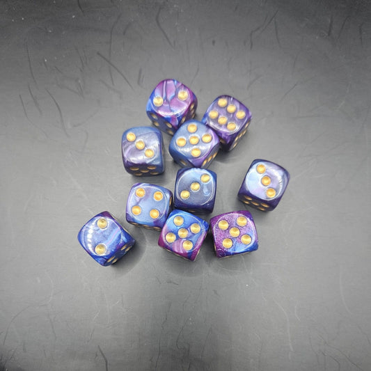 10 Pack of 16mm Two Colour Acrylic D6 Purple & Blue