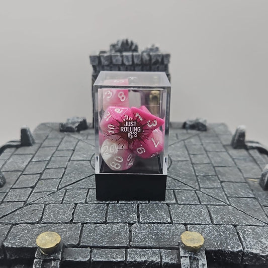 Pink and White 7 Piece Boxed Dice Set for Role play Gaming