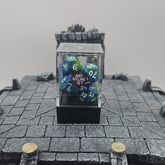 Green and Blue 7 Piece Boxed Dice Set for Role play Gaming