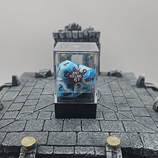 Blue and White 7 Piece Boxed Dice Set for Role play Gaming