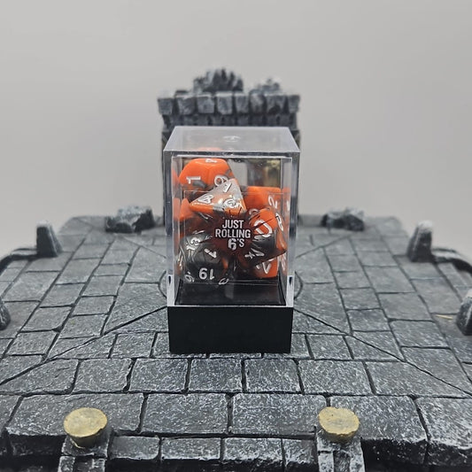 Orange and Silver 7 Piece Boxed Dice Set for Role play Gaming