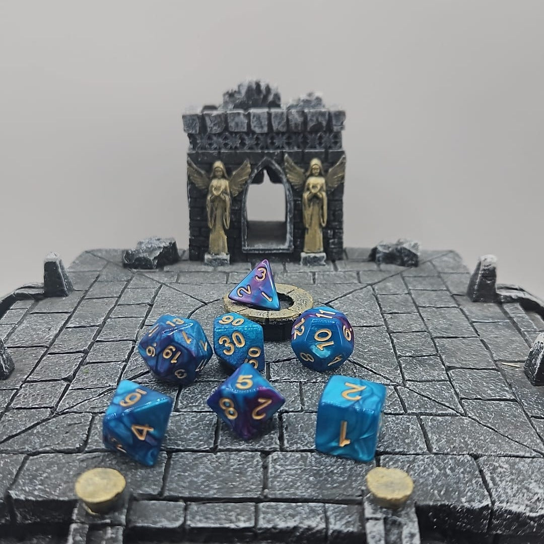 Purple and Blue 7 Piece Boxed Dice Set for Role play Gaming