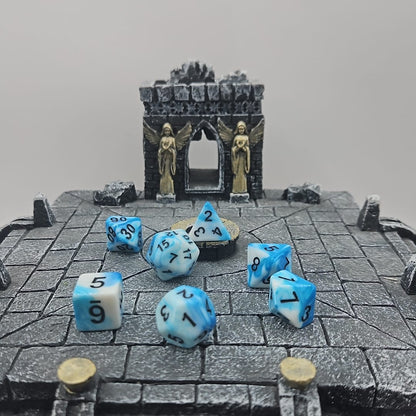 Blue and White 7 Piece Boxed Dice Set for Role play Gaming
