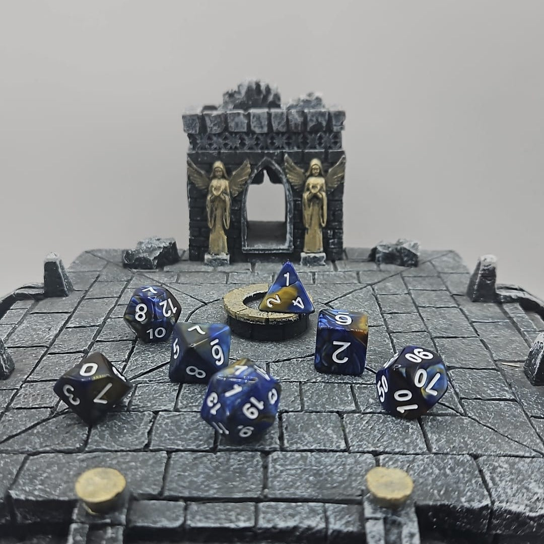 Blue and Gold 7 Piece Boxed Dice Set for Role play Gaming