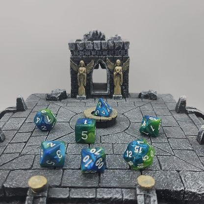 Green and Blue 7 Piece Boxed Dice Set for Role play Gaming