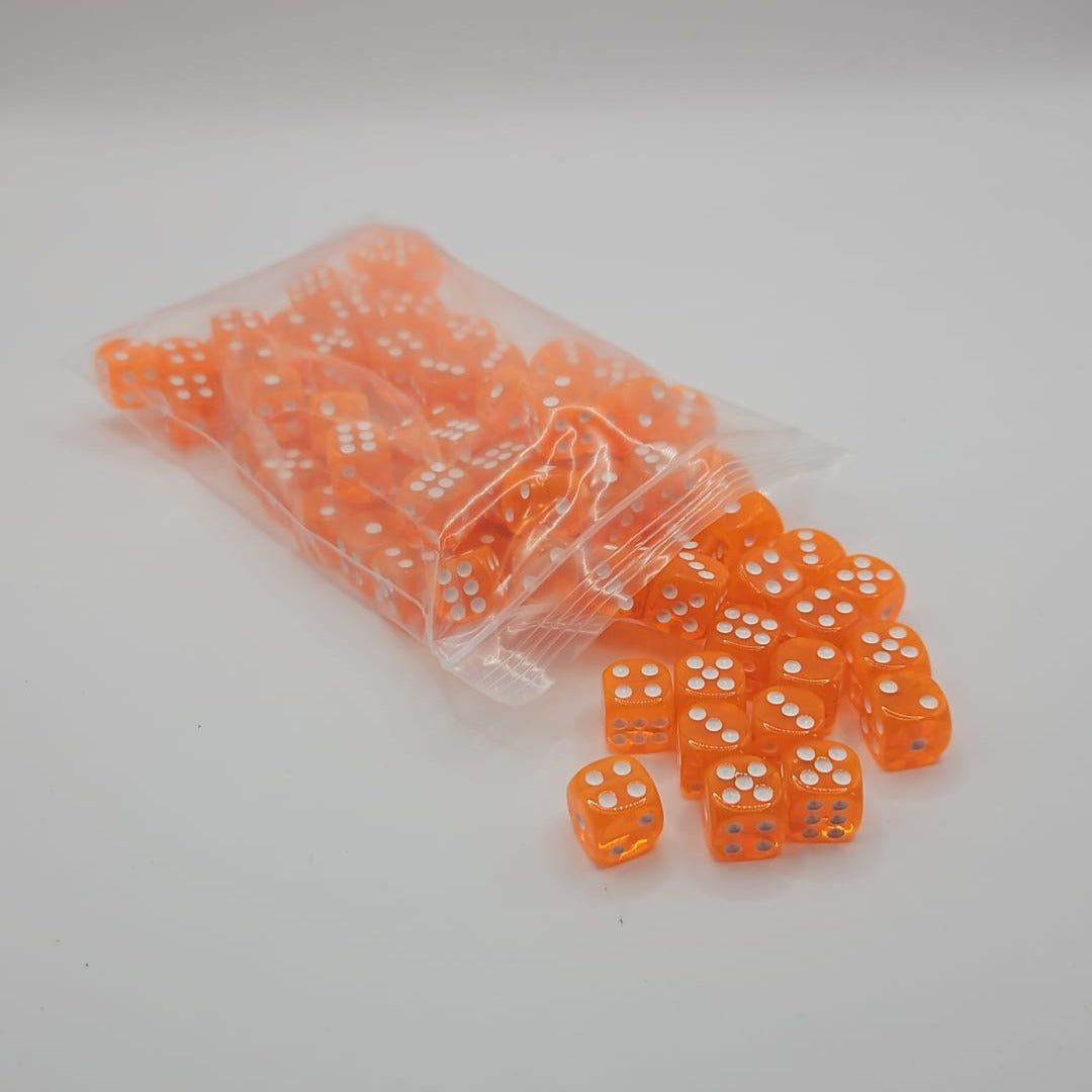 Pack of 100 Transparent Six sided Dice (D6) - Orange