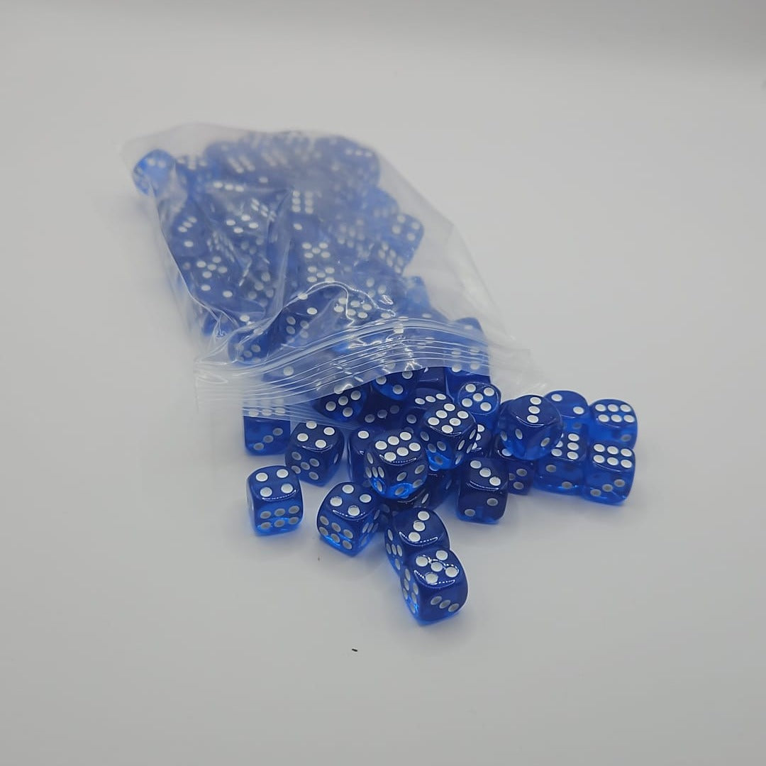 Pack of 100 Transparent Six sided Dice (D6) - Blue