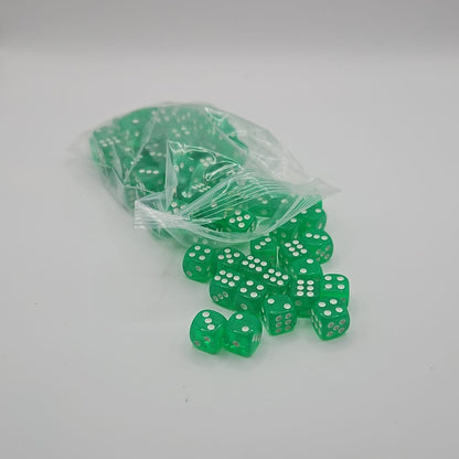 Pack of 100 Transparent Six sided Dice (D6) - Green