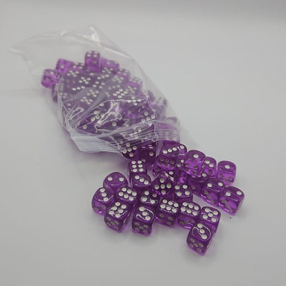 Pack of 100 Transparent Six sided Dice (D6) - Purple