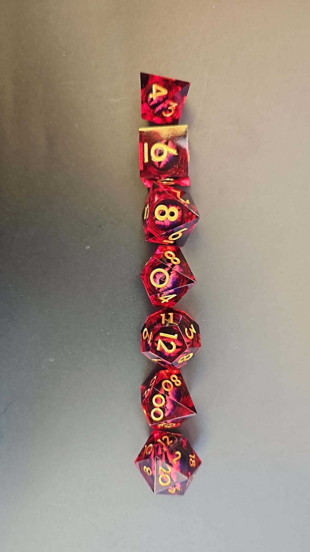 Red Dragon Eye Liquid Core Dice Set in Metal Box.