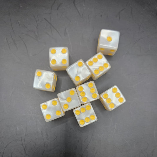 10 Pack of 16mm Acrylic D6 White Pearl Straight Edge