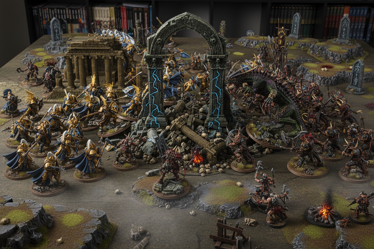 images of a tabletop battle between 28mm scale miniatures on a fantasy battlefield based on Games workshop age of sigmar game