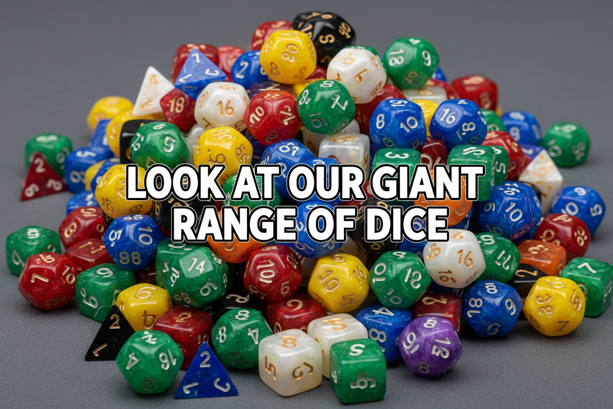 lots of dice of varying colours and number of sides in a large pile with the words look at our giant range of dice