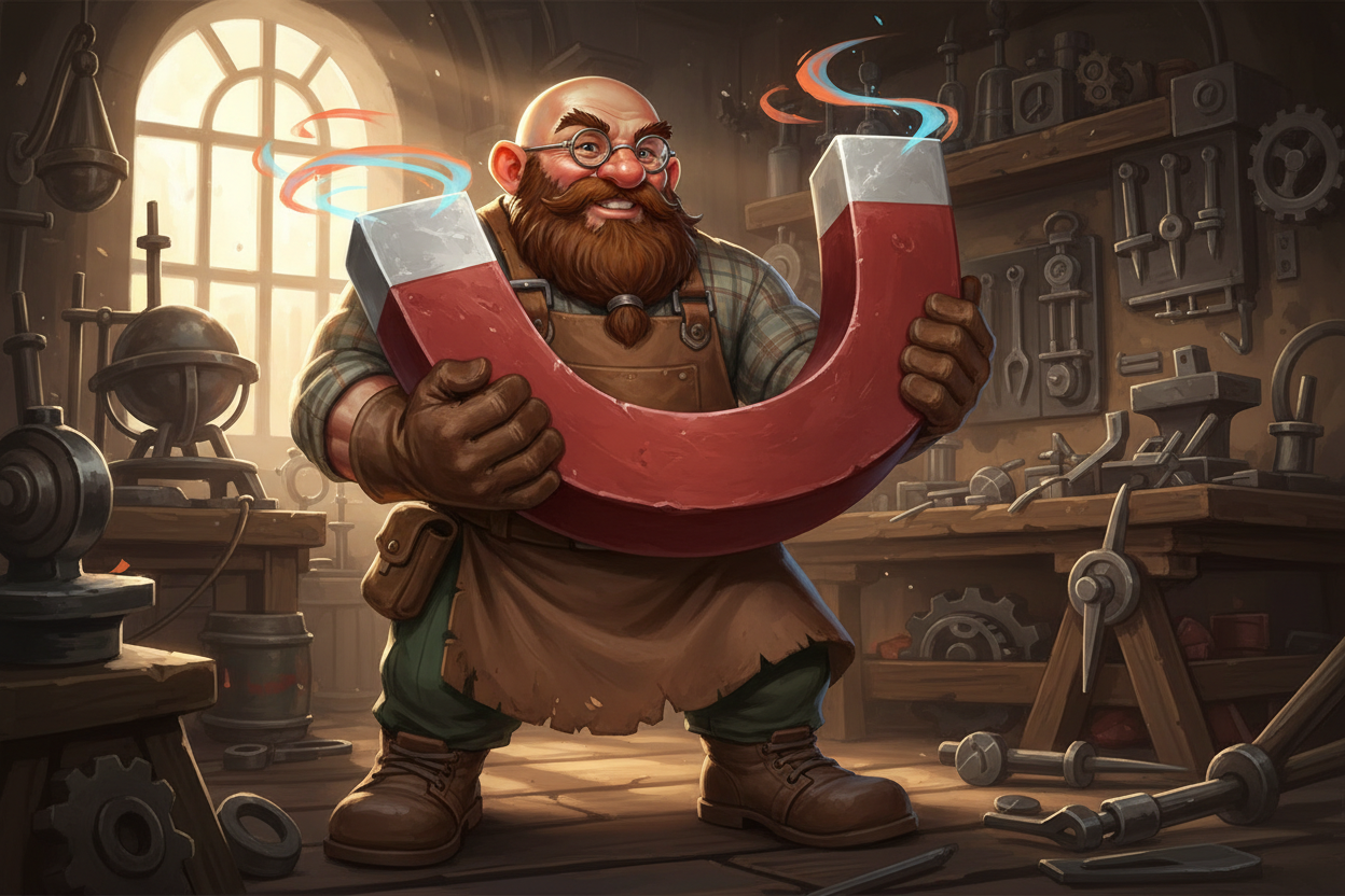 picture of a bald dwarf with glasses holding a big horseshoe magnet