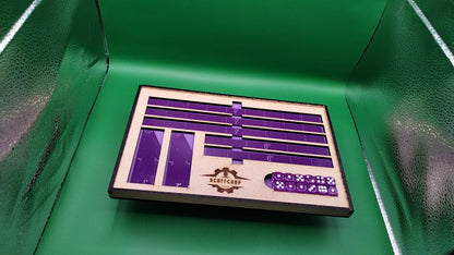 Purple Scoffcorp Dice Tray and Gauges (Measuring Stick) set