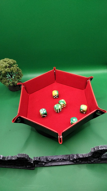 Red Hexagonal Folding Dice Tray with Black PU Leather backing